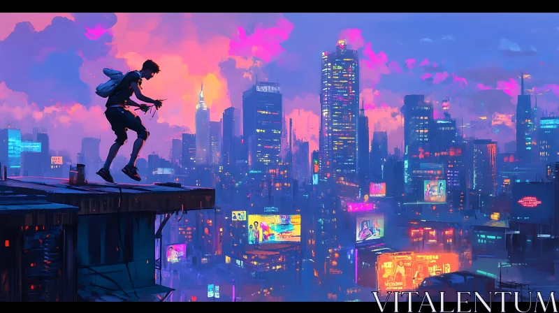 Neon Lights and Skyscrapers at Twilight AI Image