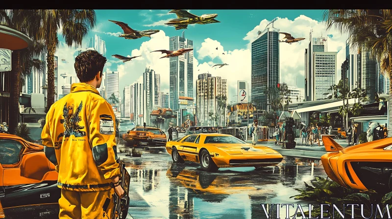 AI ART Advanced Urban Scene with Pterodactyls and High-Tech Cars