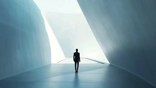 Lone Silhouette in Sleek Architectural Corridor