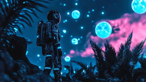 Space Explorer amid Glowing Orbs at Night