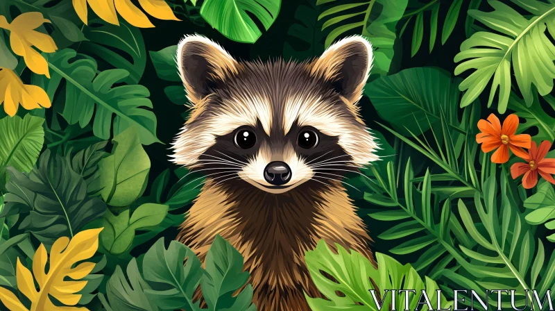 Curious Raccoon in a Leafy Jungle Retreat AI Image