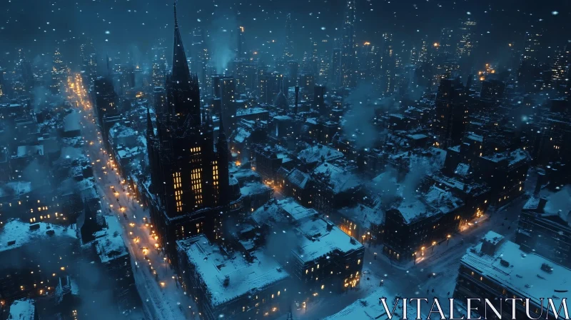 Snow-Covered Urban Nightscape AI Image