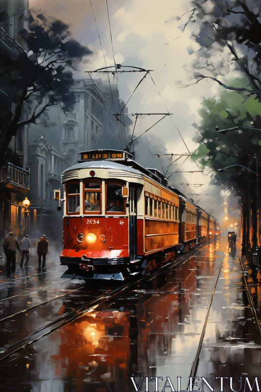 Atmospheric Urban Tram Scene with Rain Reflections AI Image