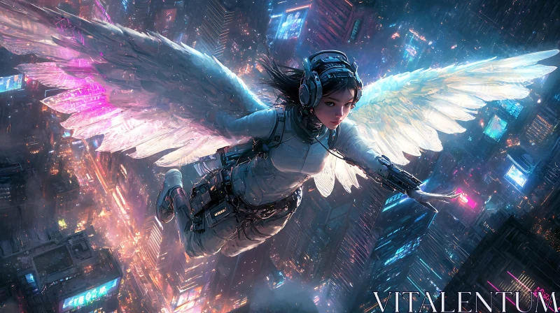 AI ART Cyborg with Angel Wings Over Futuristic City