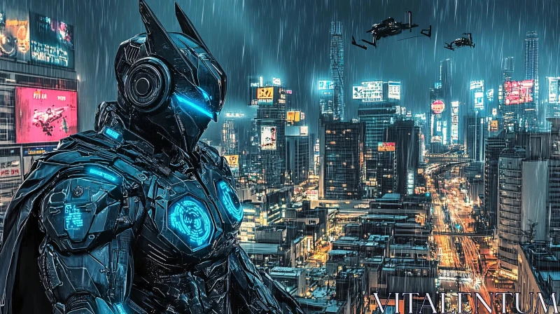 Futuristic Cyborg in a Rainy Neon City AI Image