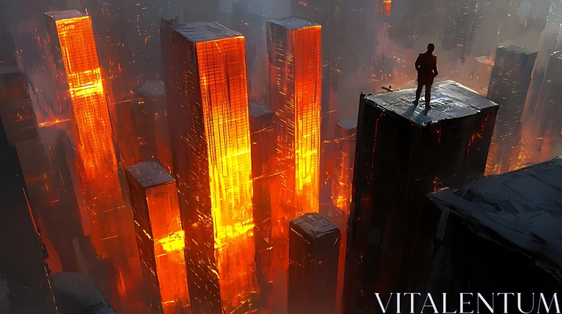 Lone Figure Overlooking Burning City AI Image