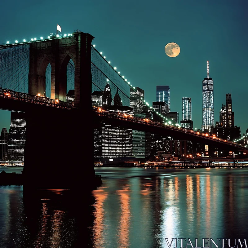 AI ART Cityscape at Night with Illuminated Bridge and Moon