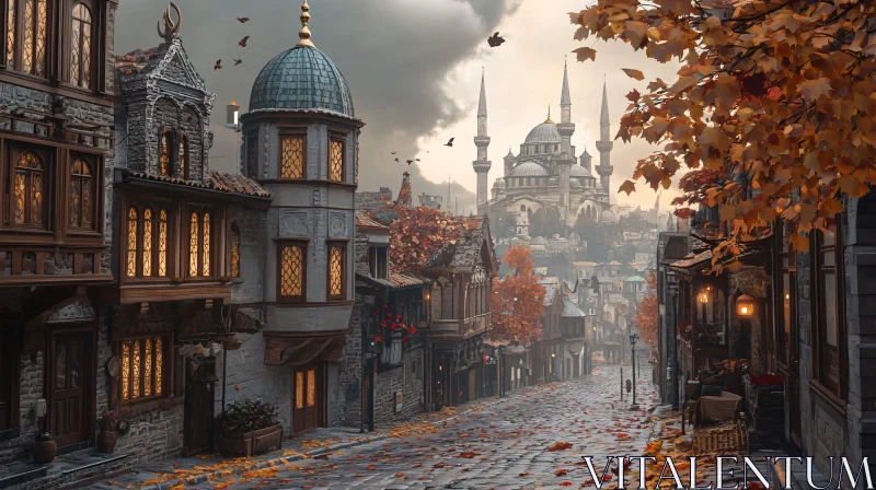 Old Town in Fall with Grand Mosque Background AI Image