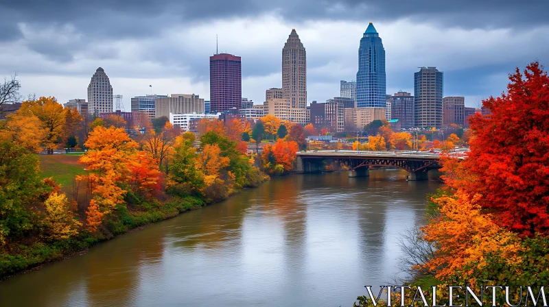 Urban Skyline with Autumnal River Views AI Image