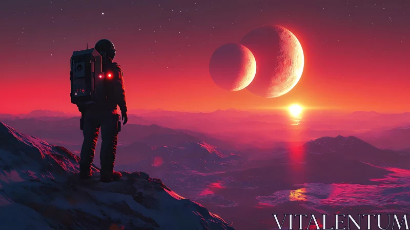 Surreal Extraterrestrial Landscape with Astronaut and Twin Suns AI Image