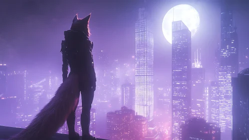 Futuristic Fox Figure in Neon-Lit Cityscape