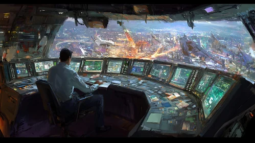 High-Tech Control Room with Urban Vista