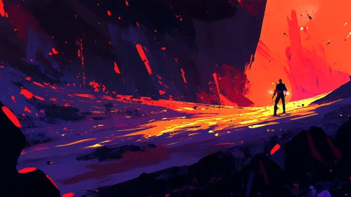 Silhouette Exploring Fiery Surreal Landscape