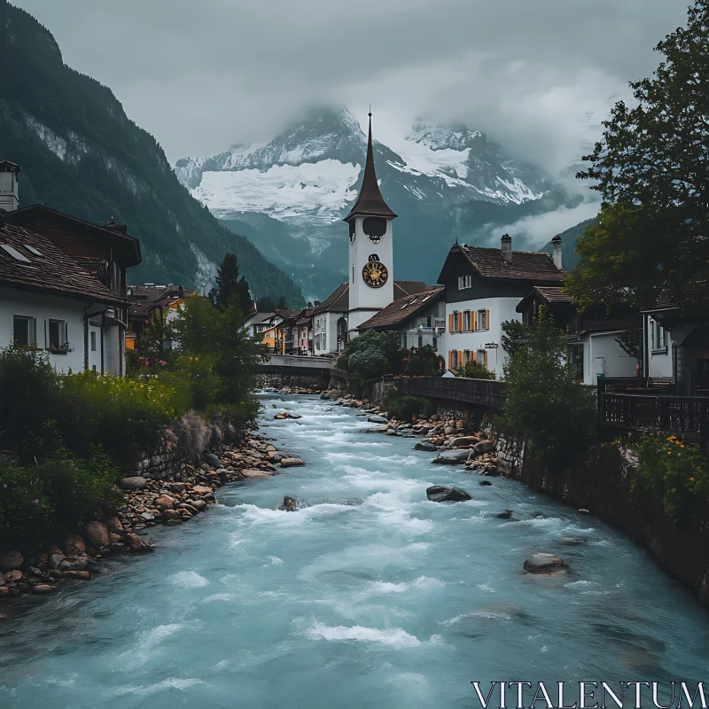 AI ART Mountain Village with River and Misty Mountains