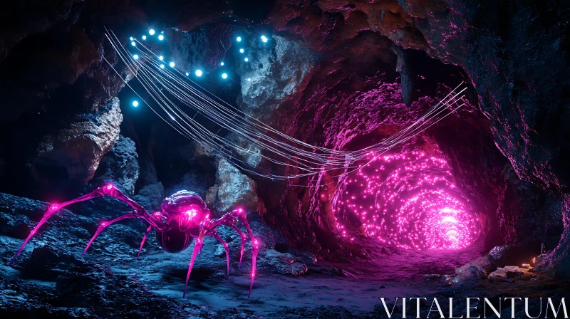 Neon-Lit Cave with Robotic Spider AI Image