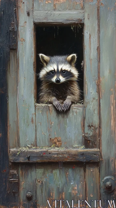 Wild Raccoon at an Antique Doorway AI Image