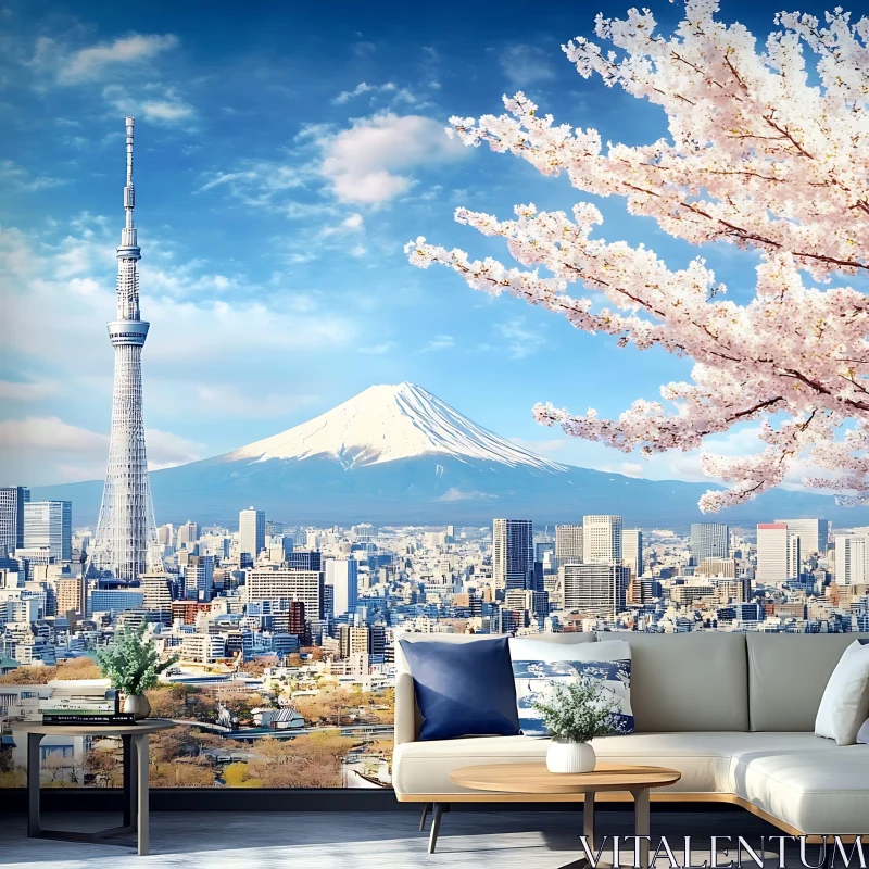 Living Room with City View and Mount Fuji Backdrop AI Image