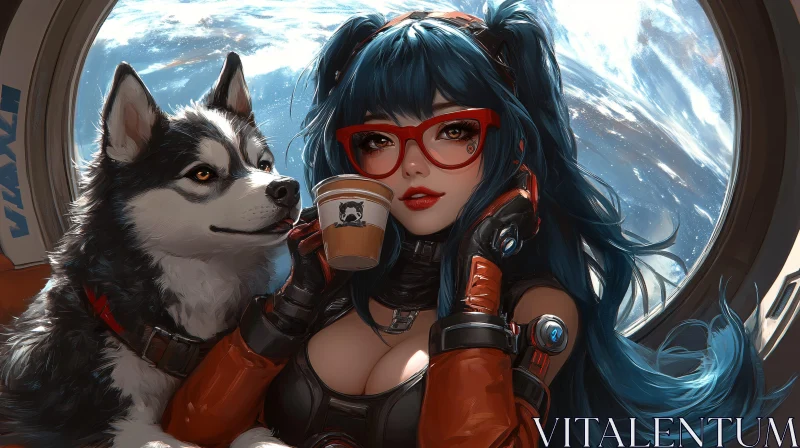 Futuristic Anime Illustration with Woman and Dog AI Image