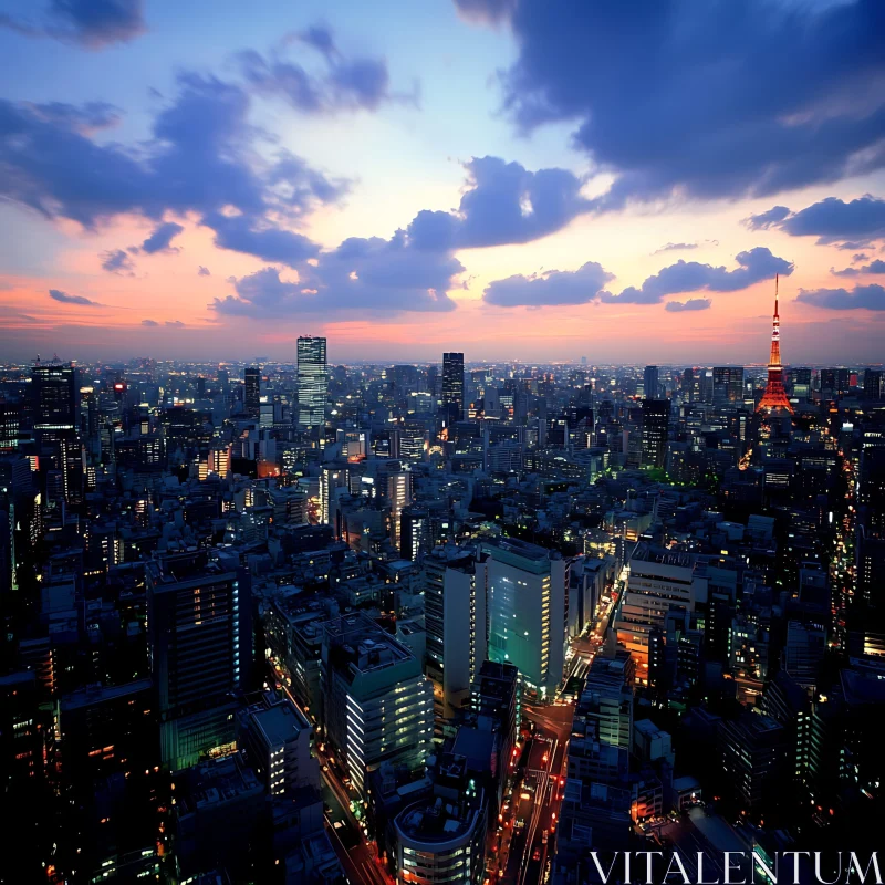 AI ART City Skyline at Sunset with Tower and Busy Streets