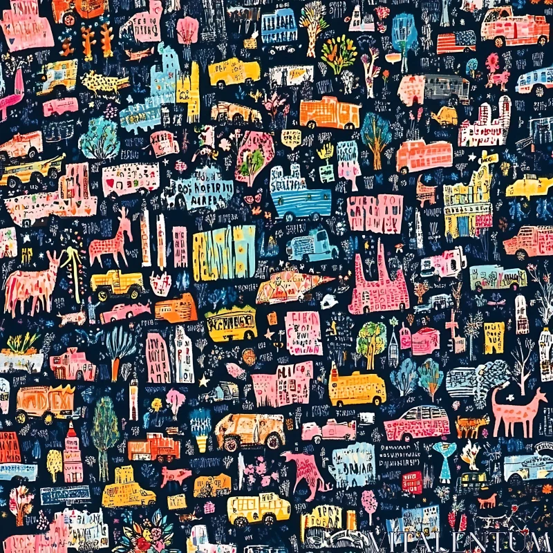 Vibrant Urban Illustration with City and Animals AI Image