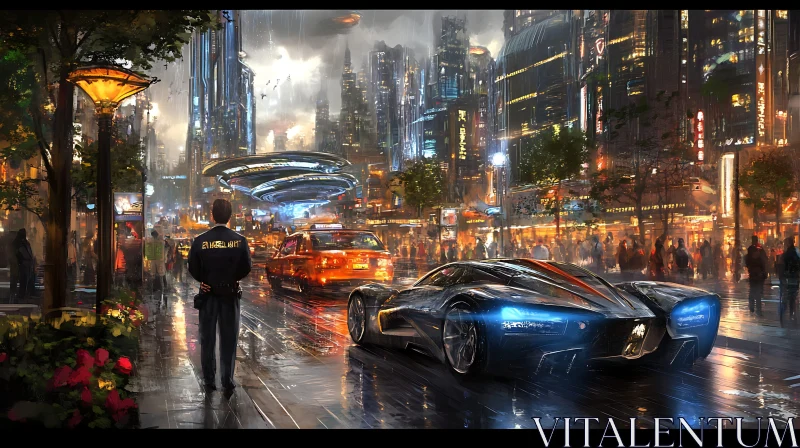 Advanced Cityscape with Neon Lights and Modern Car AI Image