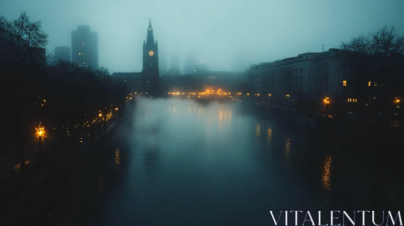 AI ART Mysterious Foggy Cityscape with Illuminated Clock Tower