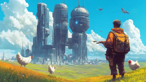 Sci-Fi Cityscape with Chickens and Person in Field