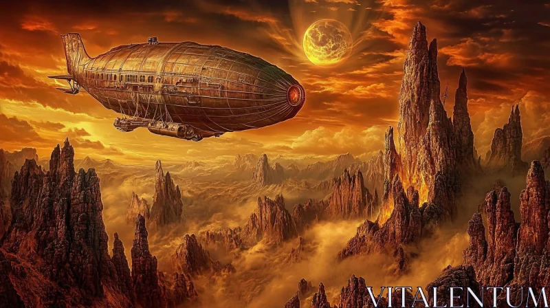 Alien Landscape with Hovering Airship AI Image