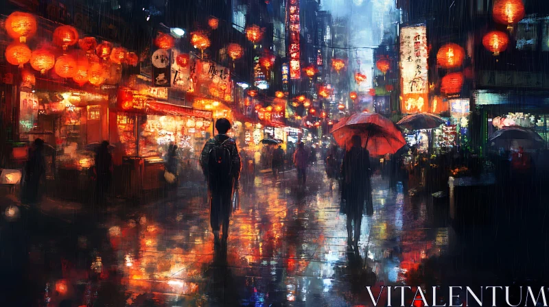 Rainy Night in Vibrant Urban Street with Lanterns AI Image