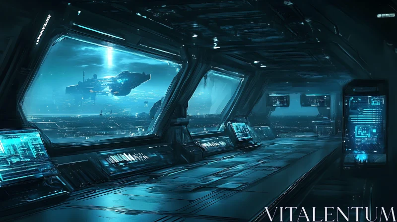 Sci-Fi Control Room with Panoramic City View