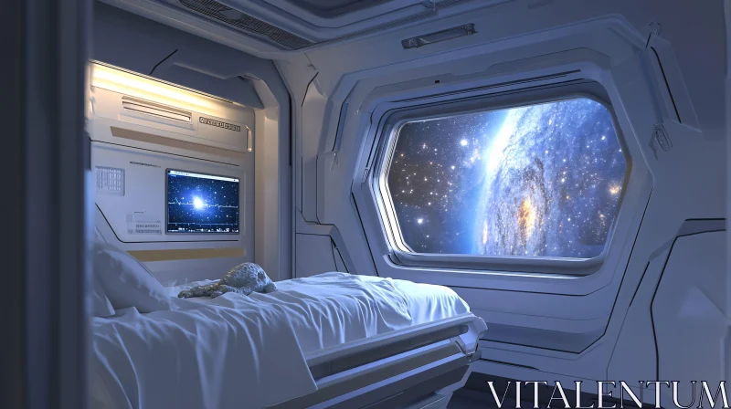 Modern Space Station Interior with Earth View from Bed
