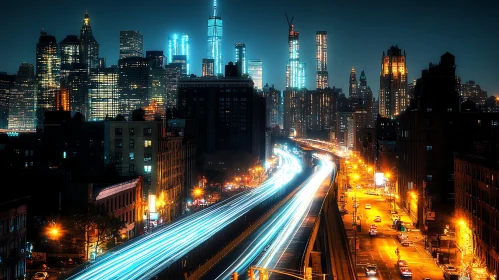 Nighttime Urban Landscape with Illuminated Skyscrapers and Light Trails