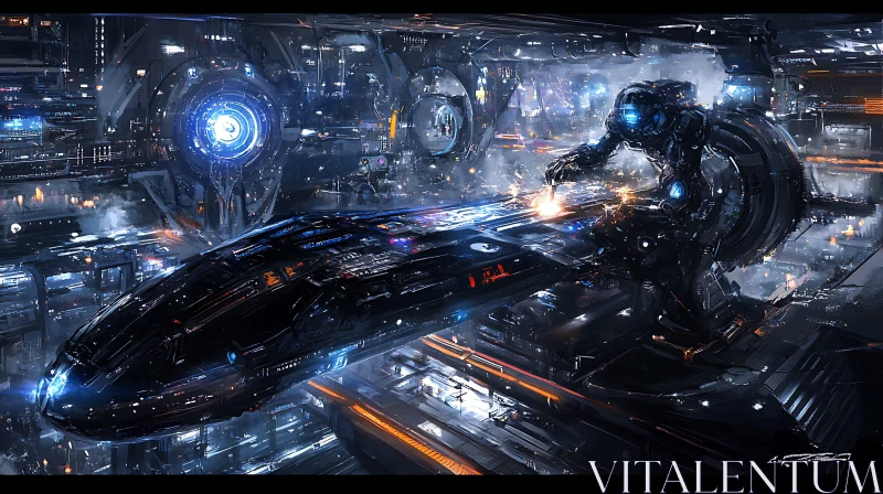 High-Tech Space Dock with Robot Repairing Spaceship