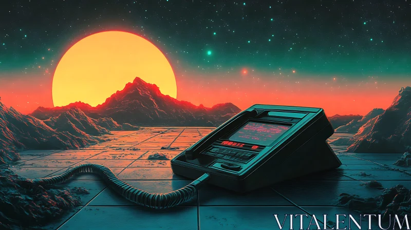 Sci-Fi Sunset Over Mountains with Communication Device