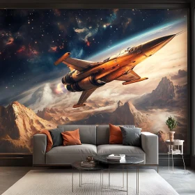 Cosmic Spaceship Mural in Stylish Living Area