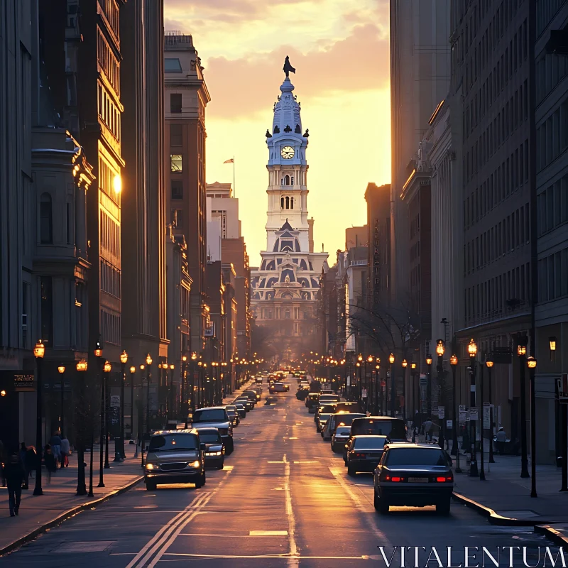 Cityscape with Iconic Clock Tower at Sunset