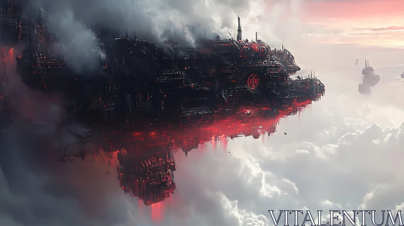 Futuristic Spaceship in the Sky with Red Light