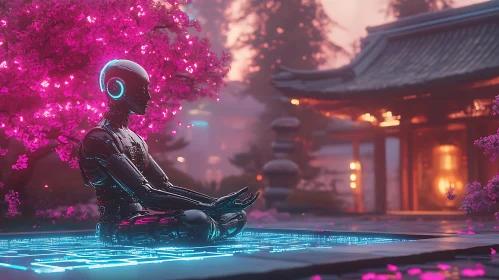 Futuristic Cyborg in Blossom Garden