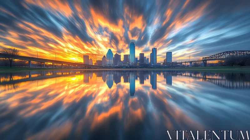 City Skyline at Sunset with Reflective Water and Dramatic Clouds