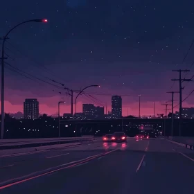 Cityscape at Dusk with Starry Sky and Highway