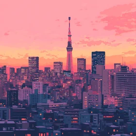 Urban Sunset Skyline with Prominent Tower