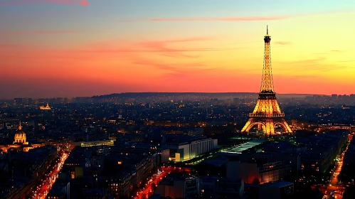 Illuminated Eiffel Tower and Paris Sunset Skyline