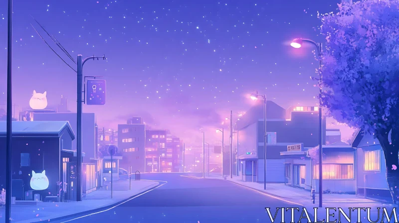 Idyllic Anime Night Street with Stars and Warm Lights