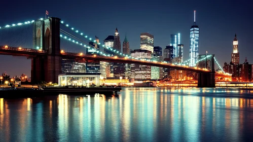 Nighttime Cityscape with Glowing Bridge and Reflective Waters