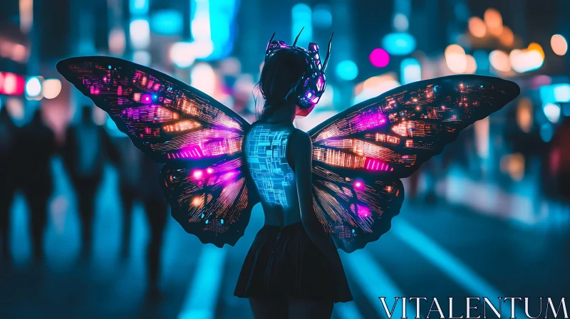 Futuristic Cyborg with Glowing Neon Wings