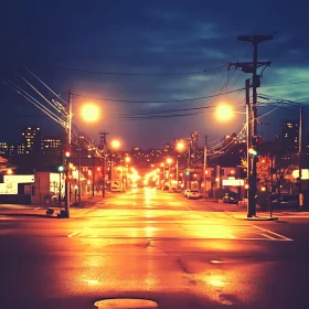 Twilight City Street with Glowing Street Lights