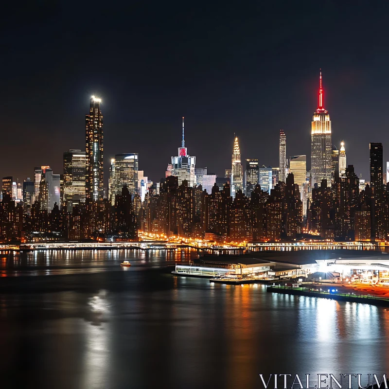 Nighttime Urban Skyline with Reflective River AI Image