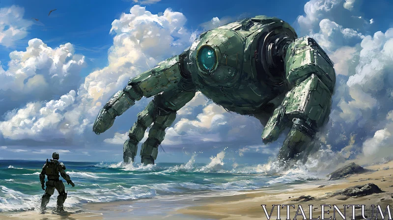 Colossal Robotic Hand and Armored Figure on Beach