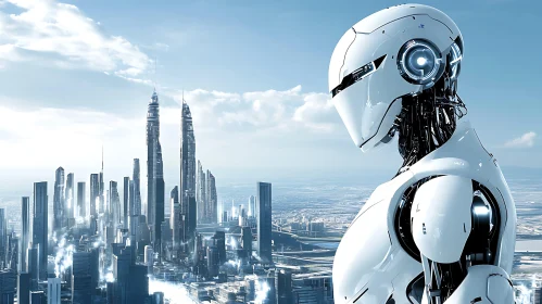 Robot Gazing at High-Tech Skyscrapers in Future City
