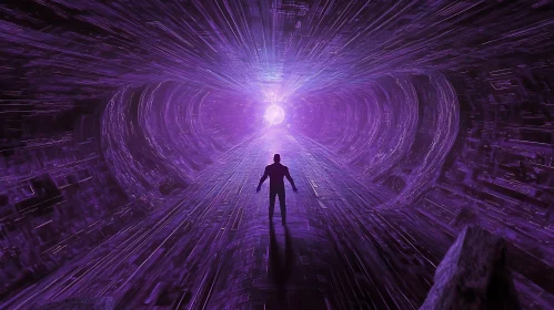 Man in Purple Tunnel Heading Towards Bright Light